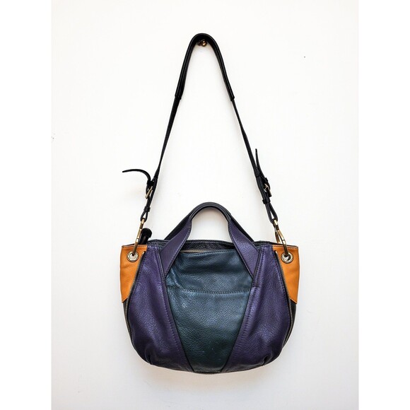 Purple Green COLORBLOCK Leather ORYANY Y2K Satchel Brass Zipper Jumbo Purse - Picture 4 of 10